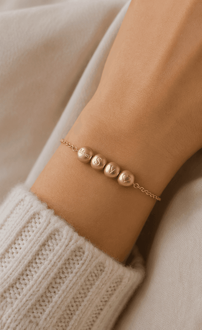 A Lumheart bracelet worn — three engraved beads on a wrist
