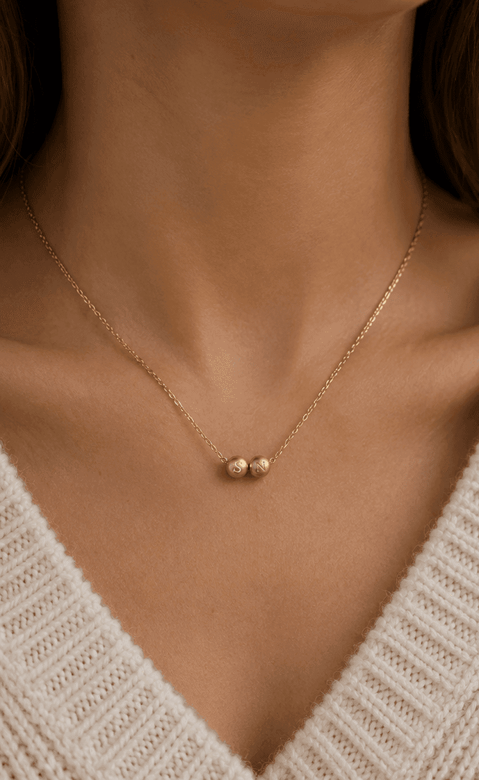 A Lumheart necklace with two engraved beads, worn